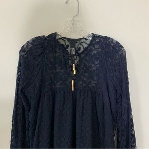 TJ collection navy blue long sleeve lace detail dress size Small Silk dress